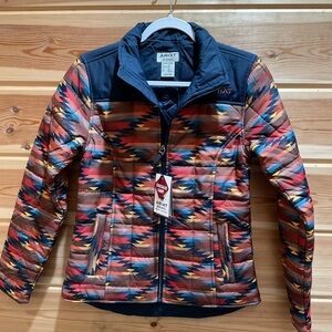Ariat Women’s Blue and Red Puffer Jacket with Geometric Design